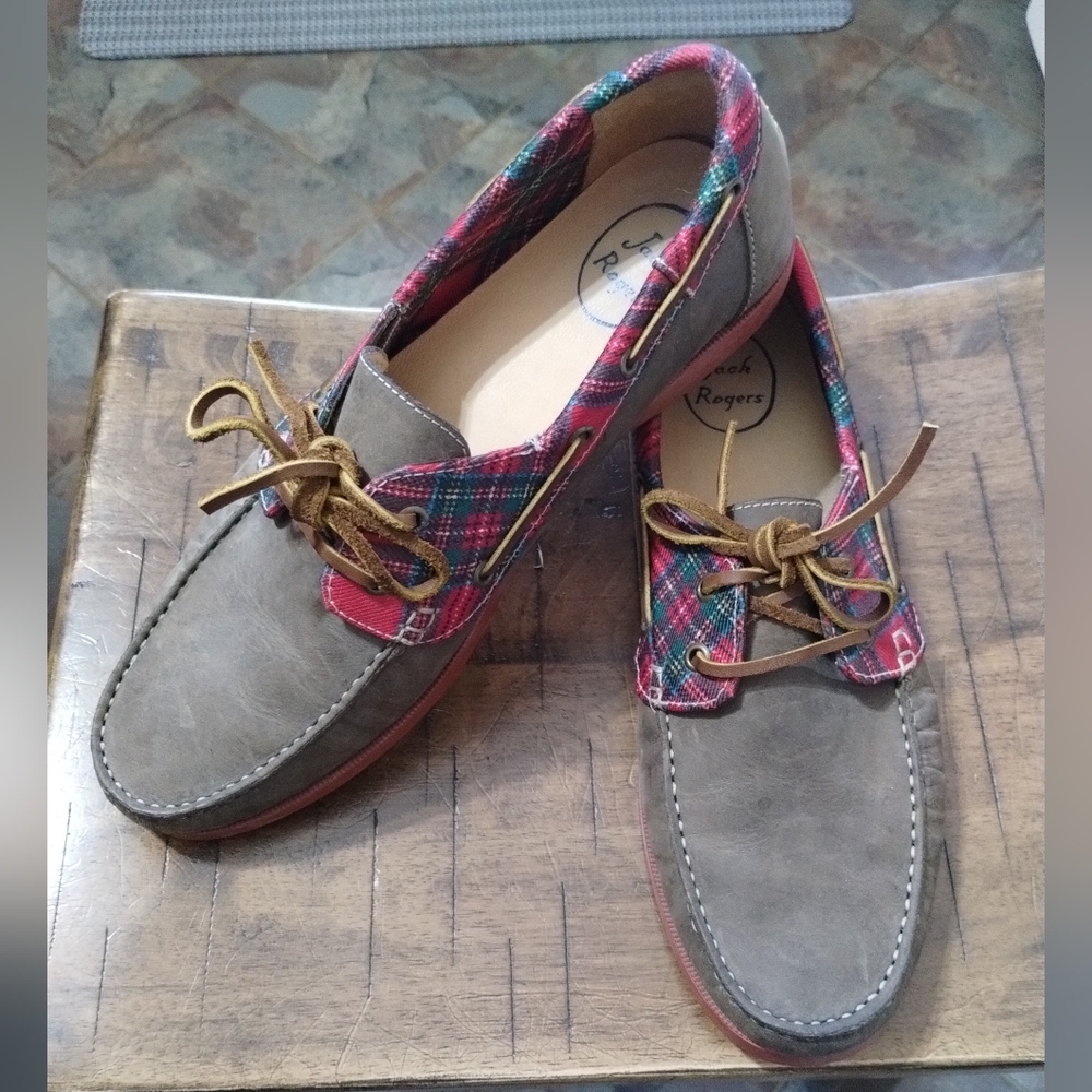 Jack Rogers Easton brown leather and plaid boat shoes
